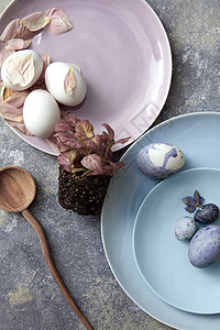 最高视角复活节鸡蛋的白色糊状颜色代表盘子上的灰色背景鸡蛋背景上图片