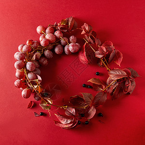 帧红葡萄葡萄叶个红色的背景平躺帧葡萄叶子图片