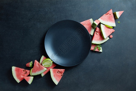 黑色背景上的黑色盘子新鲜西瓜片黑色盘子新鲜西瓜片背景图片