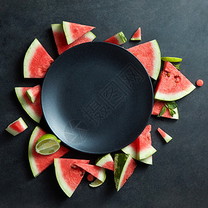 西瓜片放个黑色的盘子里文本的西瓜片放黑色盘子上的圆圈里背景图片