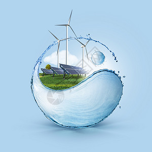 风车太阳能电池板田野阴阳形状的水溅蓝天的背景上清洁世界的生态只用可持续的绿色能源风力涡轮机太阳能电池该领域背景图片