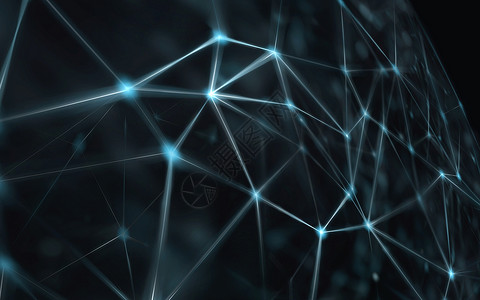 蓝色虚拟抽象区块链技术网络背景与线网格抽象技术网络网格破坏球体网络几何球体多边形线点,区块链网络抽象连接点明背景图片