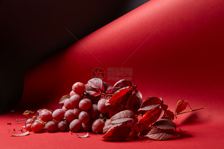 新鲜的红葡萄,红色背景上叶子红色背景上的串红色葡萄图片