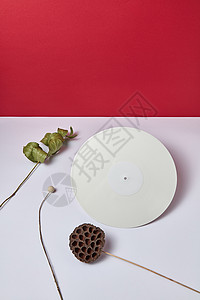 干枝白色乙烯基音频记录个双红白色背景与复古的构图平躺白色乙烯基音频记录干支个双白色红色背景与背景图片