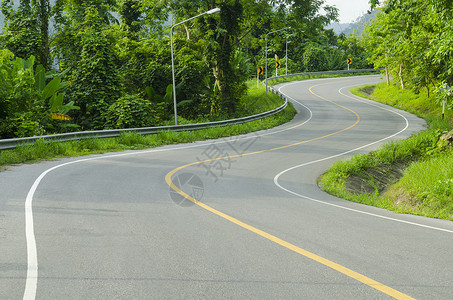 沥青道路尖锐的曲线与热带森林曲折前进图片