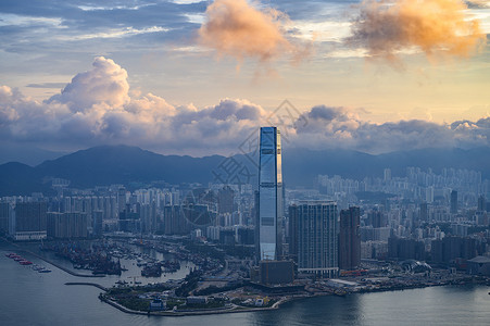 香港维多利亚峰上的维多利亚港日出山高清图片素材