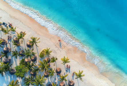 鸟瞰雨伞,沙滩上的棕榈,人们,日落时的蓝色大海波浪非洲桑给巴尔的暑假热带景观棕榈树,阳伞,白沙,海洋的风景背景图片