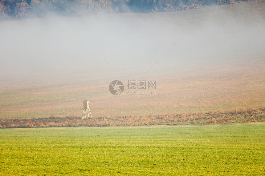 秋天朦胧的风景乡村田野风景与木猎人埋伏秋日的早晨时间秋天的乡村田野雾景观图片