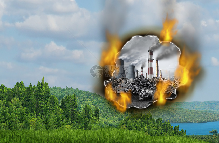 气候变化全球变暖的危险个燃烧的洞,污染的肮脏工业背景,用干净的空气水破坏脆弱的绿色自然景观,用三维插图元素图片