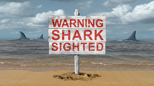 鲨鱼警告标志,并注意鲨鱼标志海滩上与3D插图元素图片