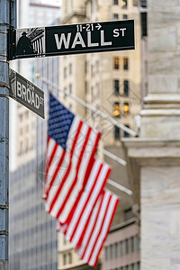 华尔街标志与纽约证券交易所背景图片