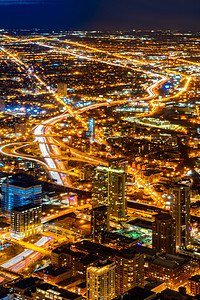 日落鸟瞰芝加哥天际线建筑芝加哥市中心芝加哥市伊利诺伊州美国图片