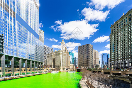 芝加哥天际线建筑沿绿色染色河芝加哥河帕特里克芝加哥市中心美国图片