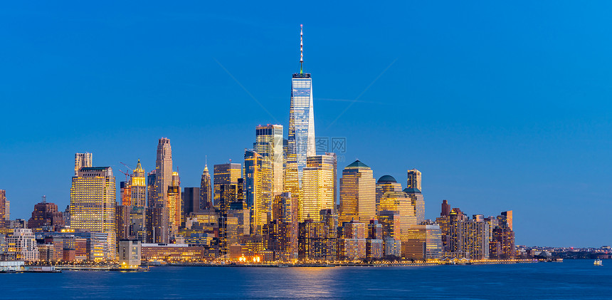 全景鸟瞰纽约市曼哈顿天际线城市景观黄昏新泽西图片