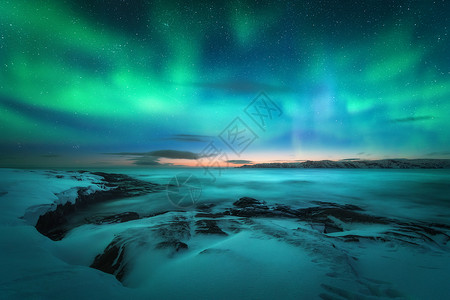 动态北极光海滩上的北极光夜间冬季景观背景