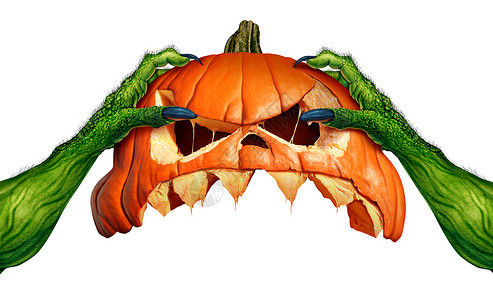 怪物万节南瓜绿色食人魔手着令人毛骨悚然的南瓜头杰克灯笼,秋季季节象征,的仪式白色背景上的3D插图风格背景图片
