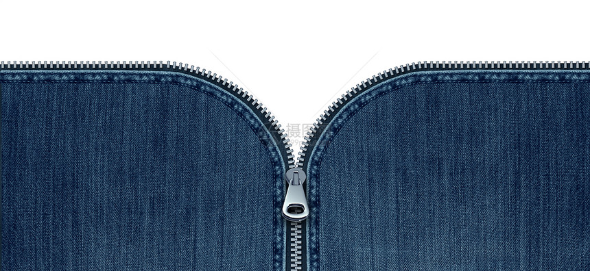 拉链牛仔裤的,个开放的联锁金属紧固件蓝色牛仔服装服装纺品个符号,以揭示信息发现孤立白色空白背景与3D图片