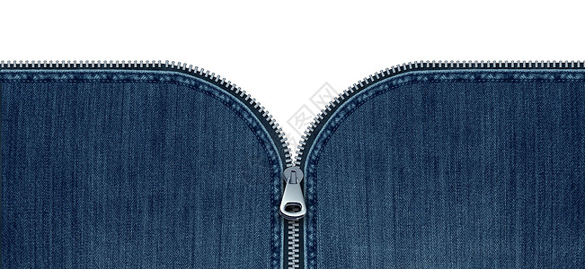 拉链牛仔裤的,个开放的联锁金属紧固件蓝色牛仔服装服装纺品个符号,以揭示信息发现孤立白色空白背景与3D背景图片