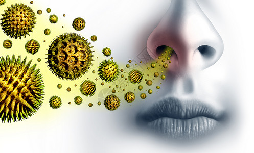 鼻子过敏花粉过敏症状季节过敏干草热过敏医学,微观机授粉颗粒空气中飞行,人类呼吸保健符号与三维插图元素背景