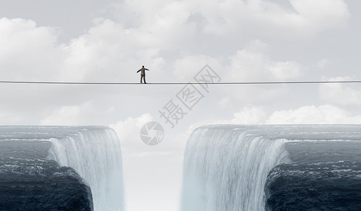 商业挑战财务风险平衡行为勇敢的商人勇气冒险,个人走个高线高钢丝跨越瀑布三维插图风格背景图片