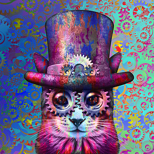 蒸汽朋克猫迷幻艺术蒸汽朋克小猫与三维插图元素图片