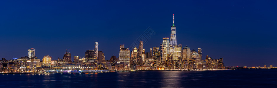 全景鸟瞰纽约市曼哈顿天际线城市景观黄昏新泽西港口高清图片素材