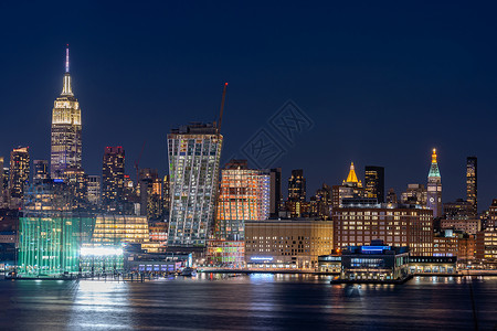 黄昏时新泽西俯瞰纽约市中城天际线城市景观港口高清图片素材