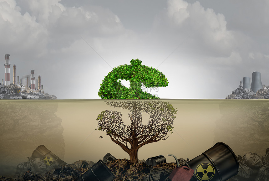污染的财务成本污染水污染的经济成本与危险工业废物棵树形状为美元标志水下液体死工厂与三维插图元素图片