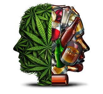 酒香草头酒精品的风险酒精中的,杂草叶啤酒,酒,硬酒杯,形状个人的头部,酒精紊乱的象征与三维插图元素背景