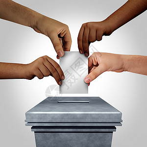 同的手投票投票站投票,投票权的民主的多样,多元文化的手,着份空白的决定文件,3D插图元素背景图片