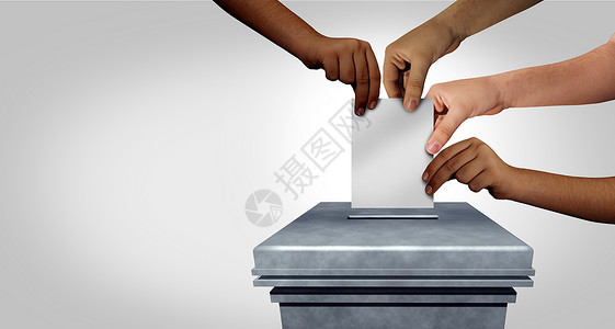 全民公决投票多样的同的手投票站投票,个民主的投票权的想法,多元文化的手,着个空白的决定文件与3D插图元素背景