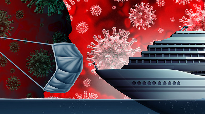 游轮冠状病公共健康风险船上传染病流感爆发冠状病流感个大流行的医疗海上与危险的细胞三维渲染图片