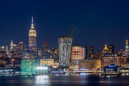 黄昏时新泽西俯瞰纽约市中城天际线城市景观暮光高清图片素材