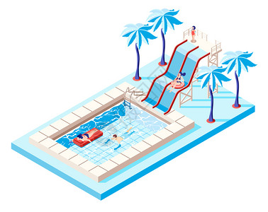 水公园等距与水滑梯游泳池矢量插图图片