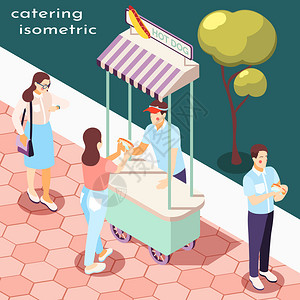 公园街道食品等距构图与餐饮符号矢量插图背景图片