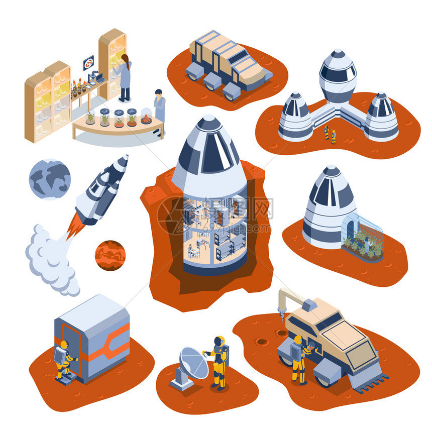 等距火星殖民图标与宇航员火星月行者火箭其他元素矢量插图图片