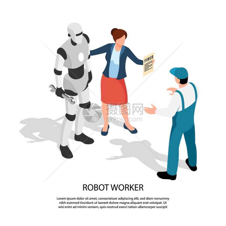机器人工人等距成与女经理站Android附近,并标志解雇工人矢量插图图片