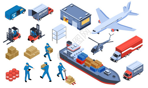 飞机分类素材物流运输等距送货卡车船舶飞机孤立图标矢量图插画
