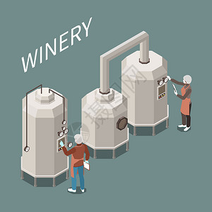 葡萄酒生产过程工厂等距成三维矢量插图图片