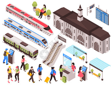 地铁矢量图等距火车站列车集合的孤立图像与人字火车汽车基础设施元素矢量图插画