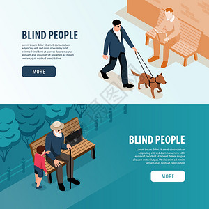 关爱盲人盲人户外2等距水平网页横幅与孙子的帮助引导狗步行矢量插图插画