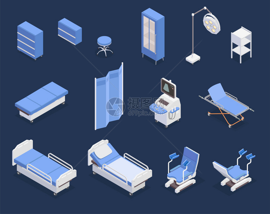 等距各种医疗设备图标与病床妇科检查椅超声仪分离蓝色背景三维矢量插图图片