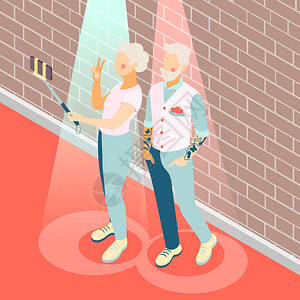 现代老人等距背景与老人采取自拍矢量插图图片