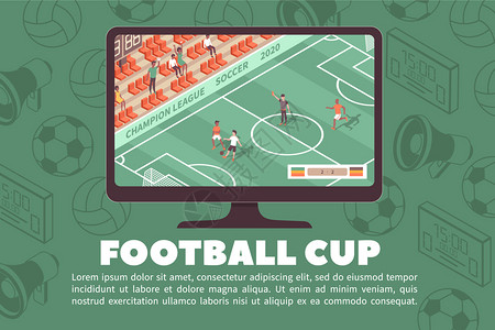 体育场水平横幅与可编辑文本电视机足球比赛与剪影图标背景矢量插图背景图片