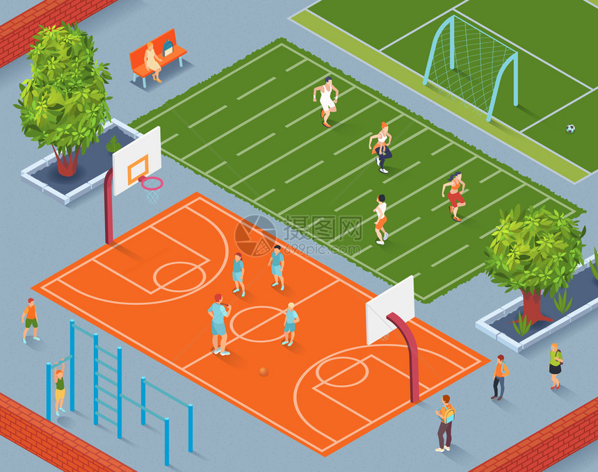 学校运动场等距背景与教练训练学生篮球地矢量插图图片