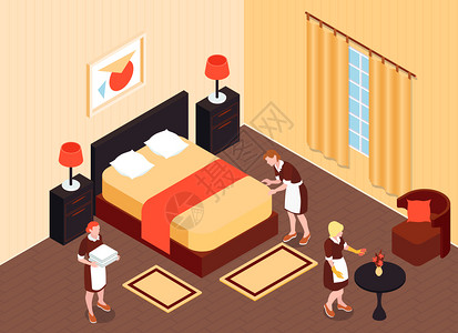 酒店宣传单酒店房间等距背景与女佣清洁工准备酒店公寓的结算矢量插图插画