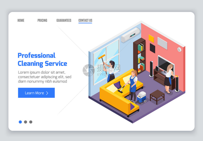 专业清洁服务等距网站登陆页与室内构图工人文本可点击链接矢量插图图片