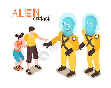 外星人接触与男孩女孩相遇两个卡通趣的人形等距矢量插图背景图片