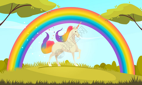 神秘生物平卡通构图的白色独角兽与彩色尾巴鬃毛彩虹矢量插图背景图片