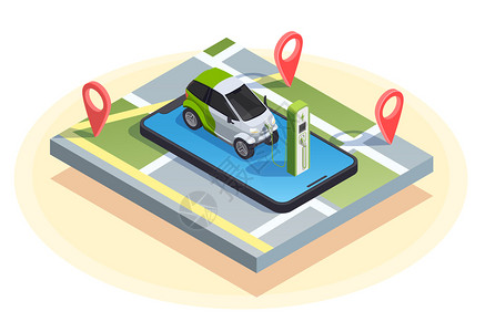 加油站等距成的充电汽车顶部的智能手机与位置标志矢量插图图片